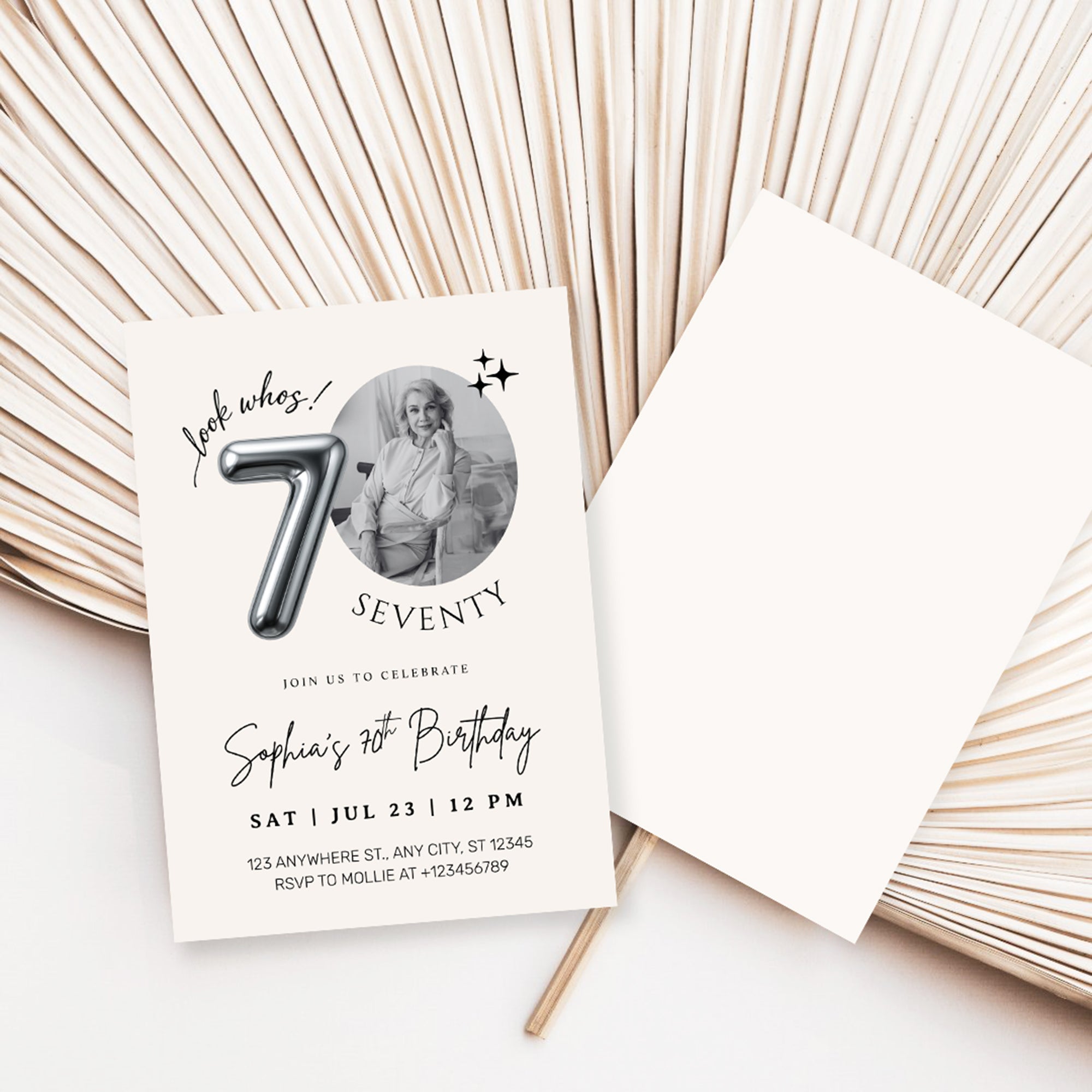 Editable 70th Birthday Photo Invitation Canva Template Silver Balloon Minimalist Party Invite Instant Download