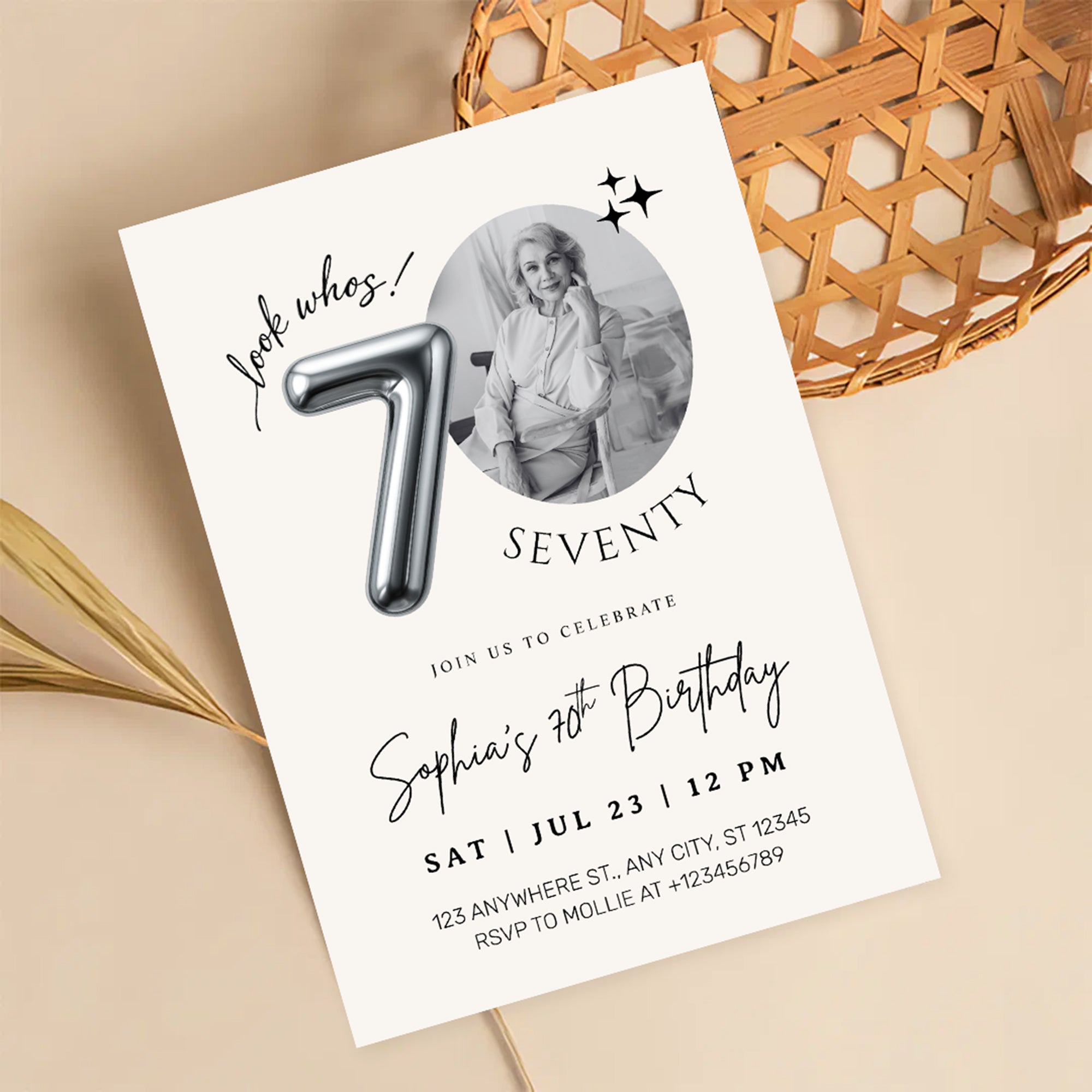 Editable 70th Birthday Photo Invitation Canva Template Silver Balloon Minimalist Party Invite Instant Download