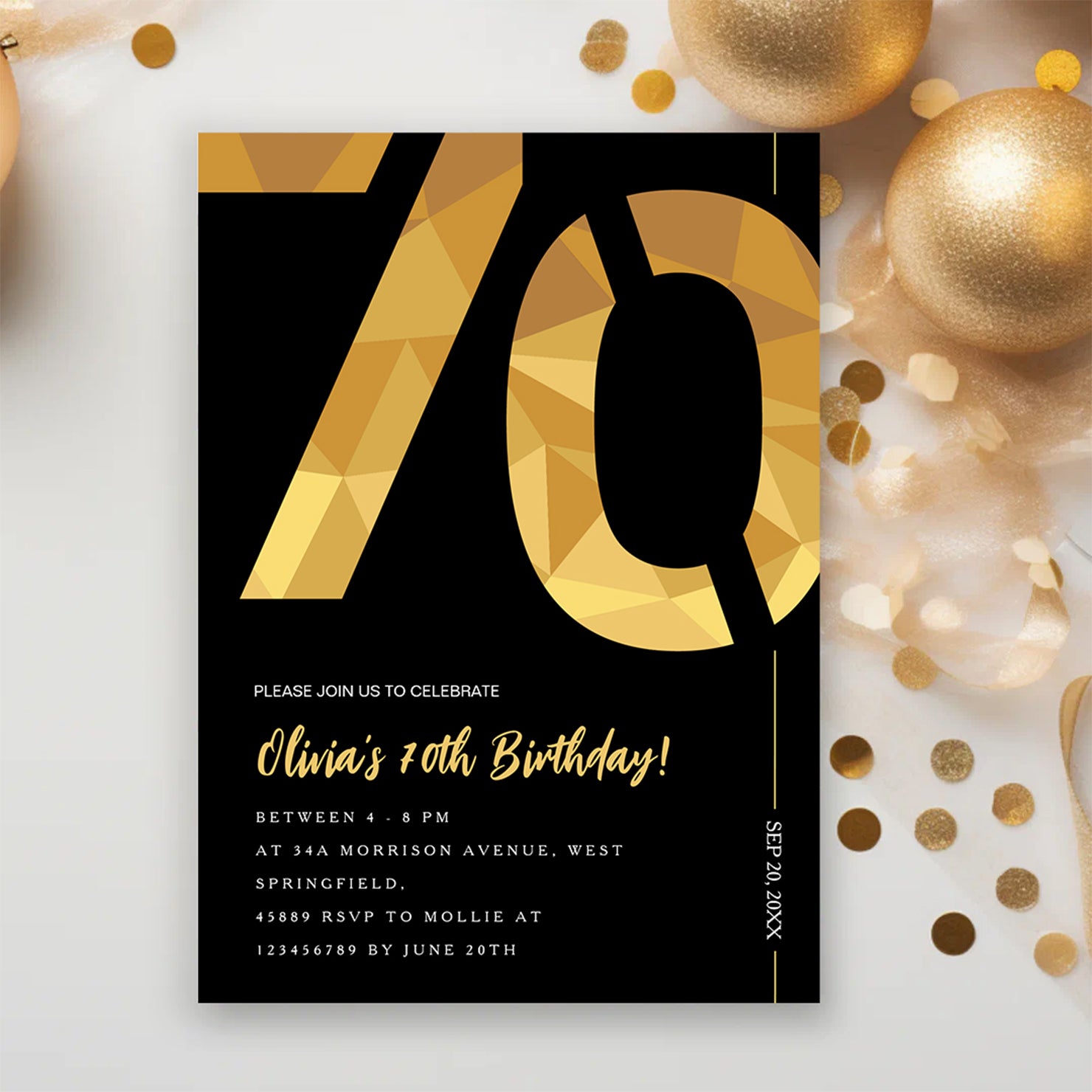 Elegant Black & Gold 70th Birthday Invitation Template | Editable Birthday Party Invite | Instant Download Canva