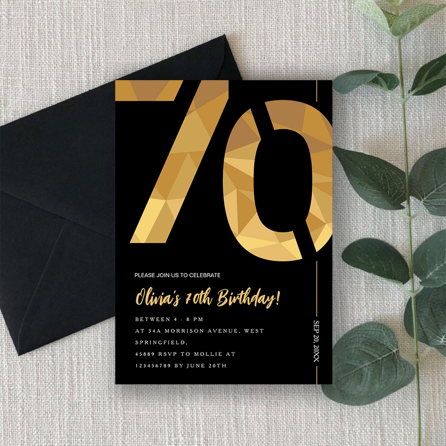 Elegant Black & Gold 70th Birthday Invitation Template | Editable Birthday Party Invite | Instant Download Canva