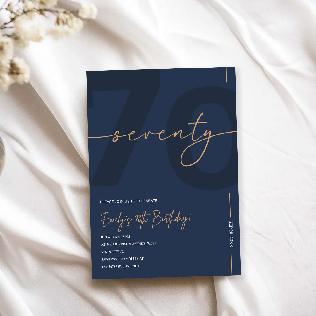 Modern Navy Blue & Gold 70th Birthday Invitation – Editable Canva Template