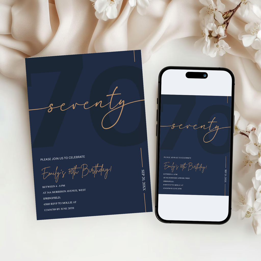 Modern Navy Blue & Gold 70th Birthday Invitation – Editable Canva Template