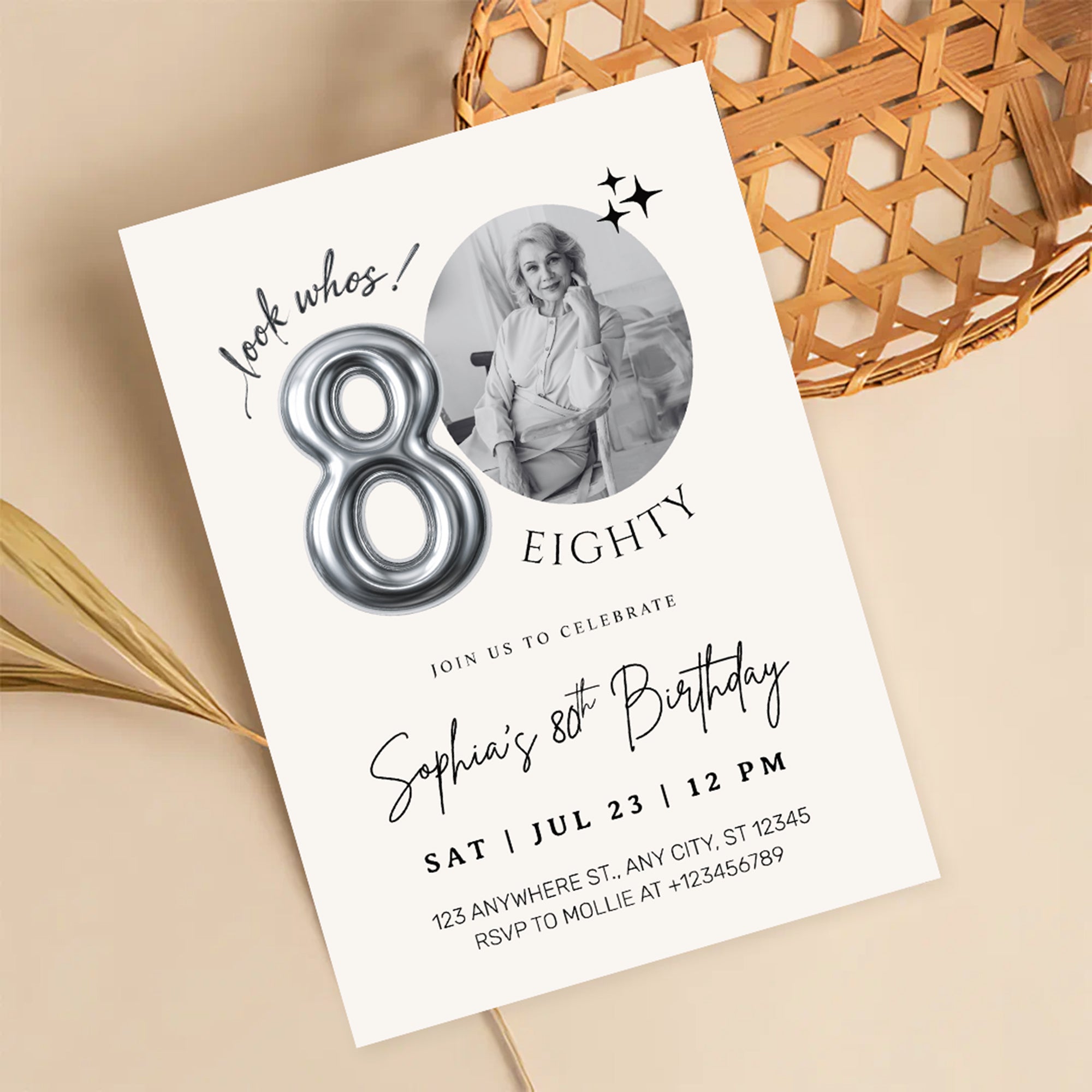Editable 80th Birthday Photo Invitation Canva Template Silver Balloon Minimalist Party Invite Instant Download