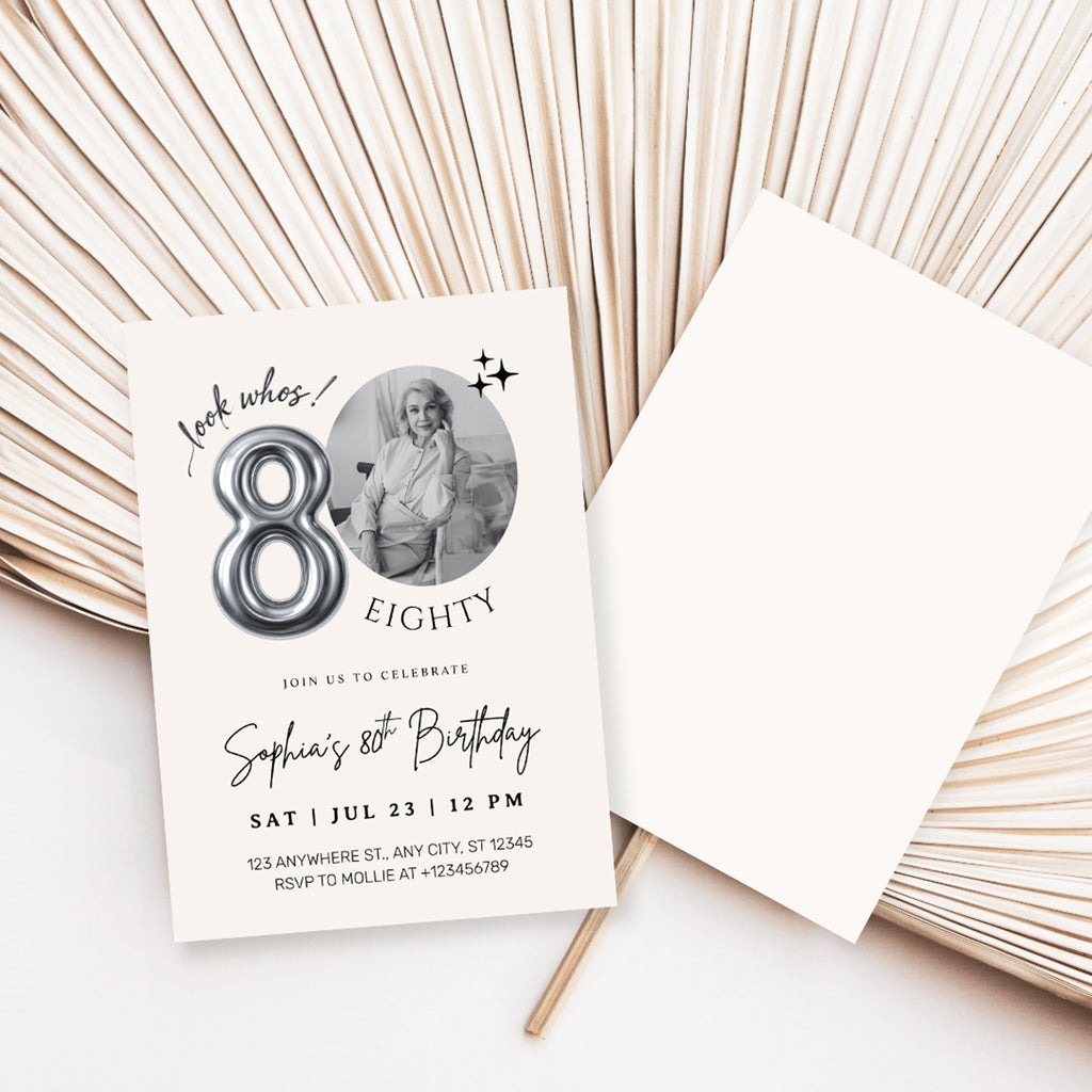Editable 80th Birthday Photo Invitation Canva Template Silver Balloon Minimalist Party Invite Instant Download