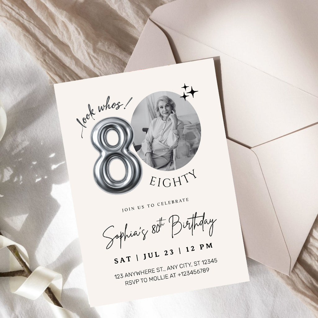 Editable 80th Birthday Photo Invitation Canva Template Silver Balloon Minimalist Party Invite Instant Download