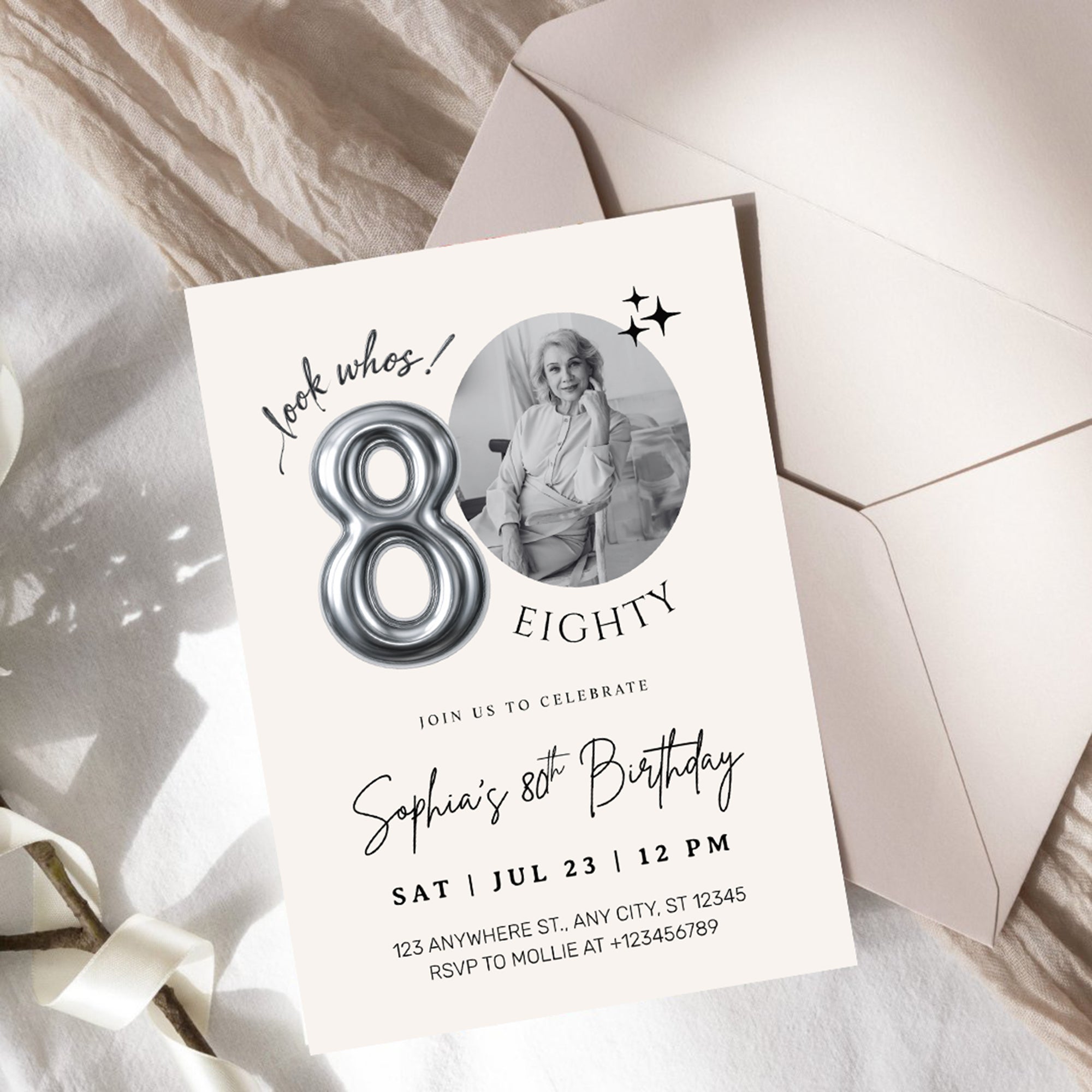 Editable 80th Birthday Photo Invitation Canva Template Silver Balloon Minimalist Party Invite Instant Download