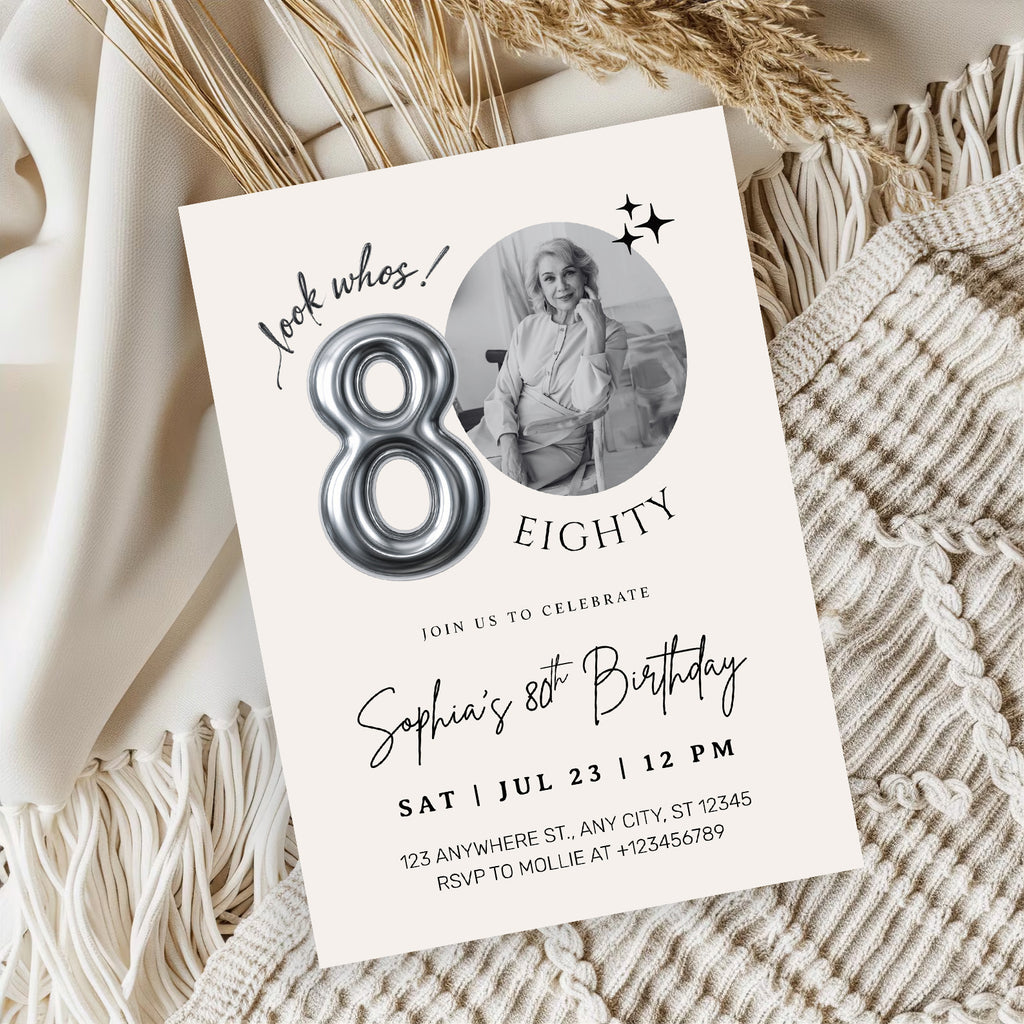 Editable 80th Birthday Photo Invitation Canva Template Silver Balloon Minimalist Party Invite Instant Download