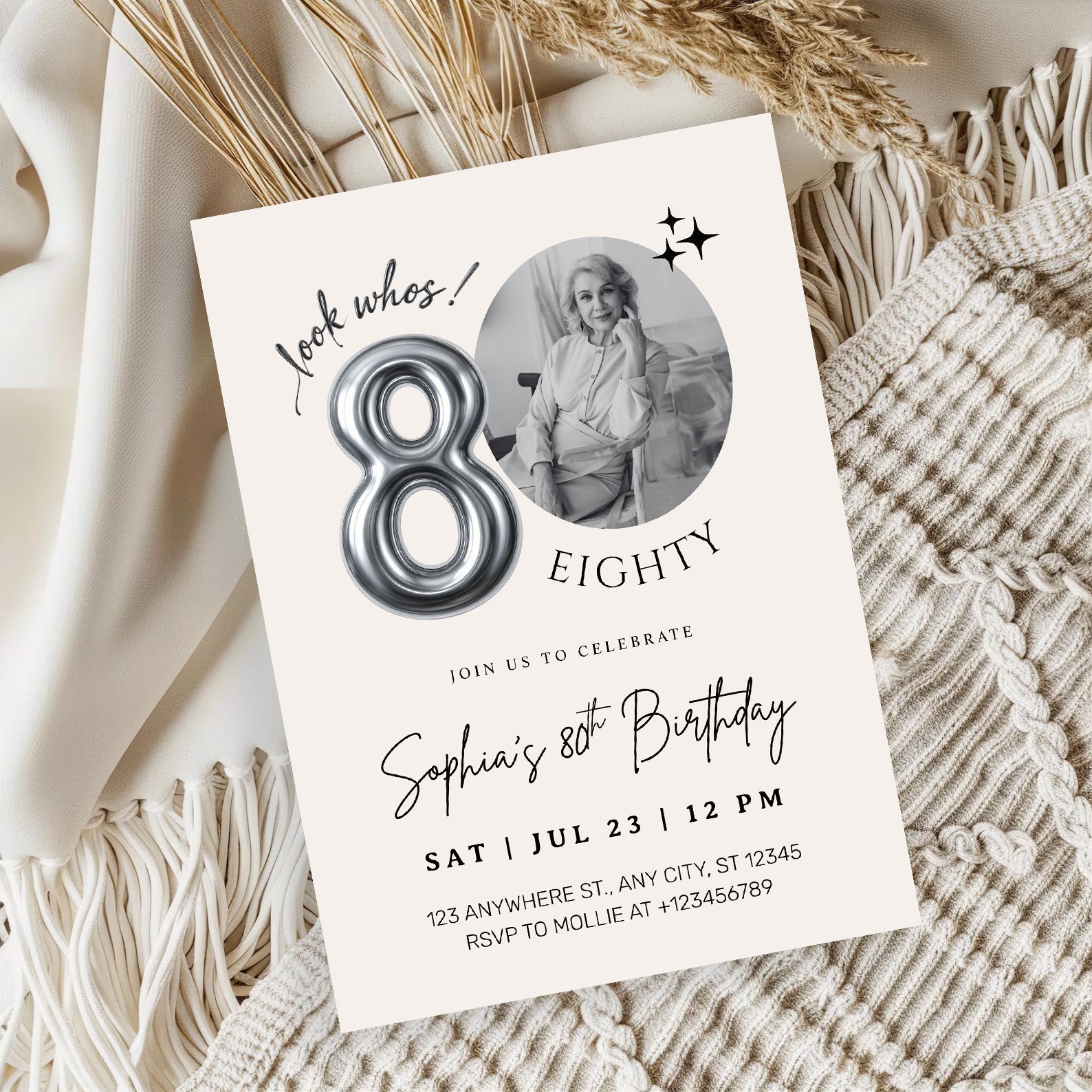 Editable 80th Birthday Photo Invitation Canva Template Silver Balloon Minimalist Party Invite Instant Download
