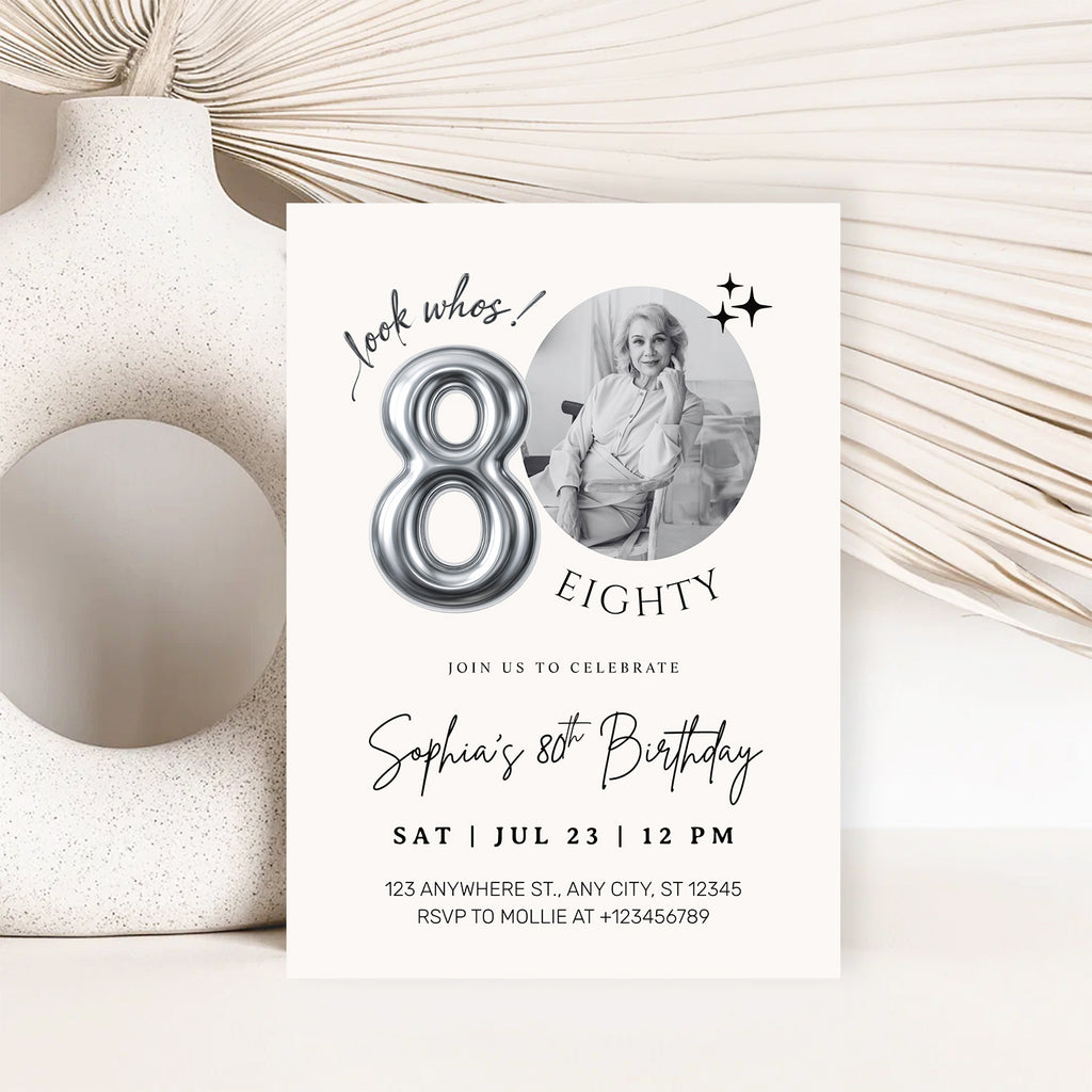 Editable 80th Birthday Photo Invitation Canva Template Silver Balloon Minimalist Party Invite Instant Download