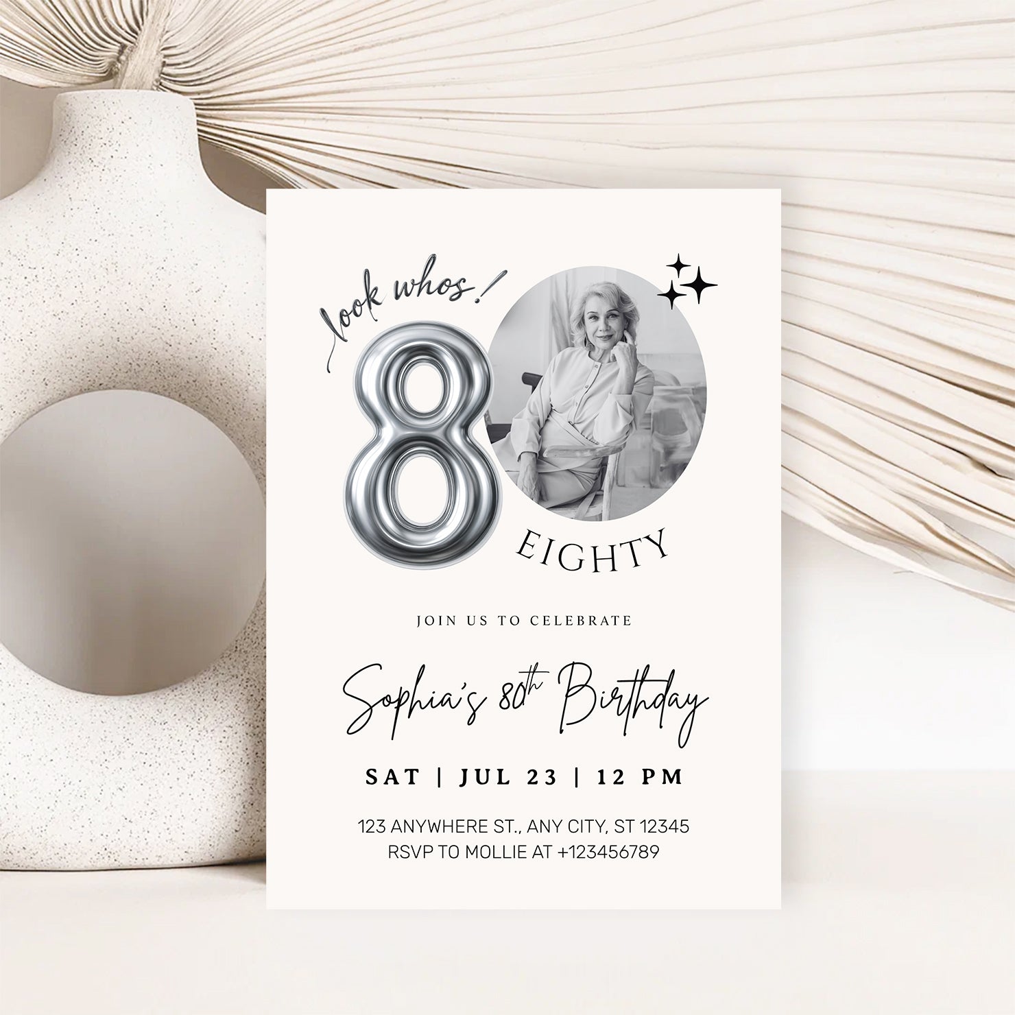 Editable 80th Birthday Photo Invitation Canva Template Silver Balloon Minimalist Party Invite Instant Download