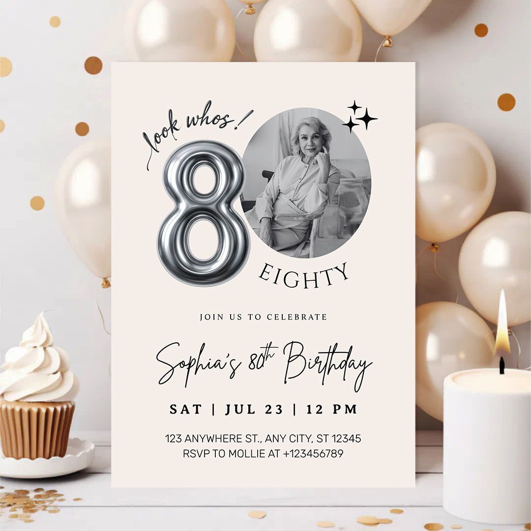 Editable 80th Birthday Photo Invitation Canva Template Silver Balloon Minimalist Party Invite Instant Download