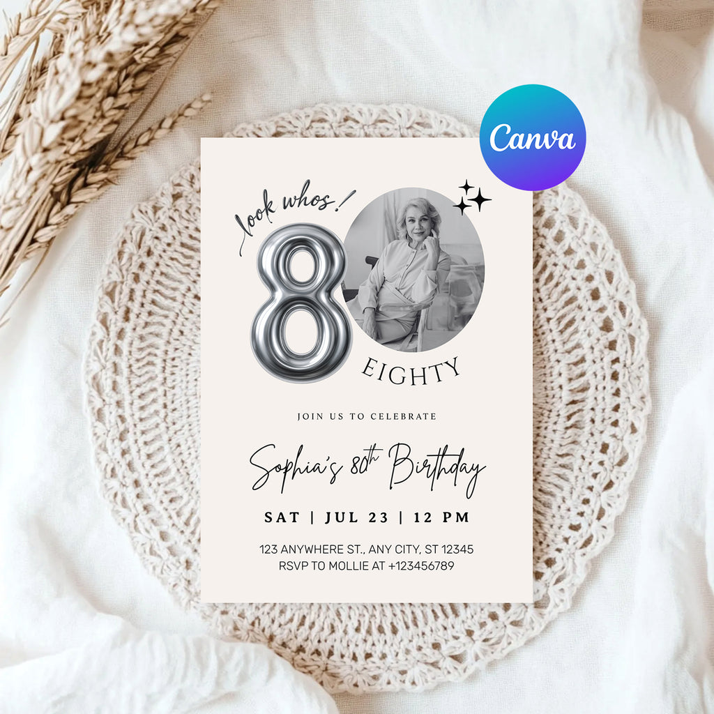 Editable 80th Birthday Photo Invitation Canva Template Silver Balloon Minimalist Party Invite Instant Download