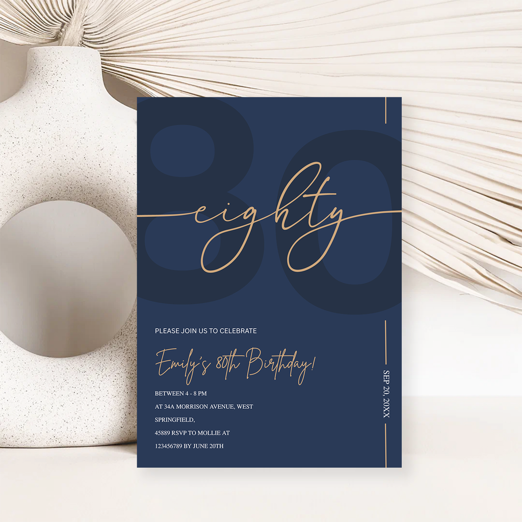 Modern Navy Blue & Gold 80th Birthday Invitation – Editable Canva Template