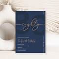 Modern Navy Blue & Gold 80th Birthday Invitation – Editable Canva Template