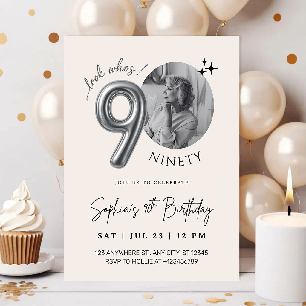Editable 90th Birthday Photo Invitation Canva Template Silver Balloon Minimalist Party Invite Instant Download