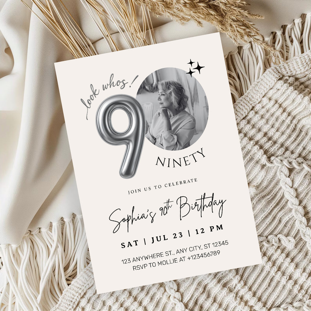Editable 90th Birthday Photo Invitation Canva Template Silver Balloon Minimalist Party Invite Instant Download