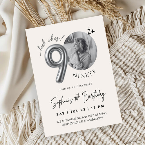 Editable 90th Birthday Photo Invitation Canva Template Silver Balloon Minimalist Party Invite Instant Download