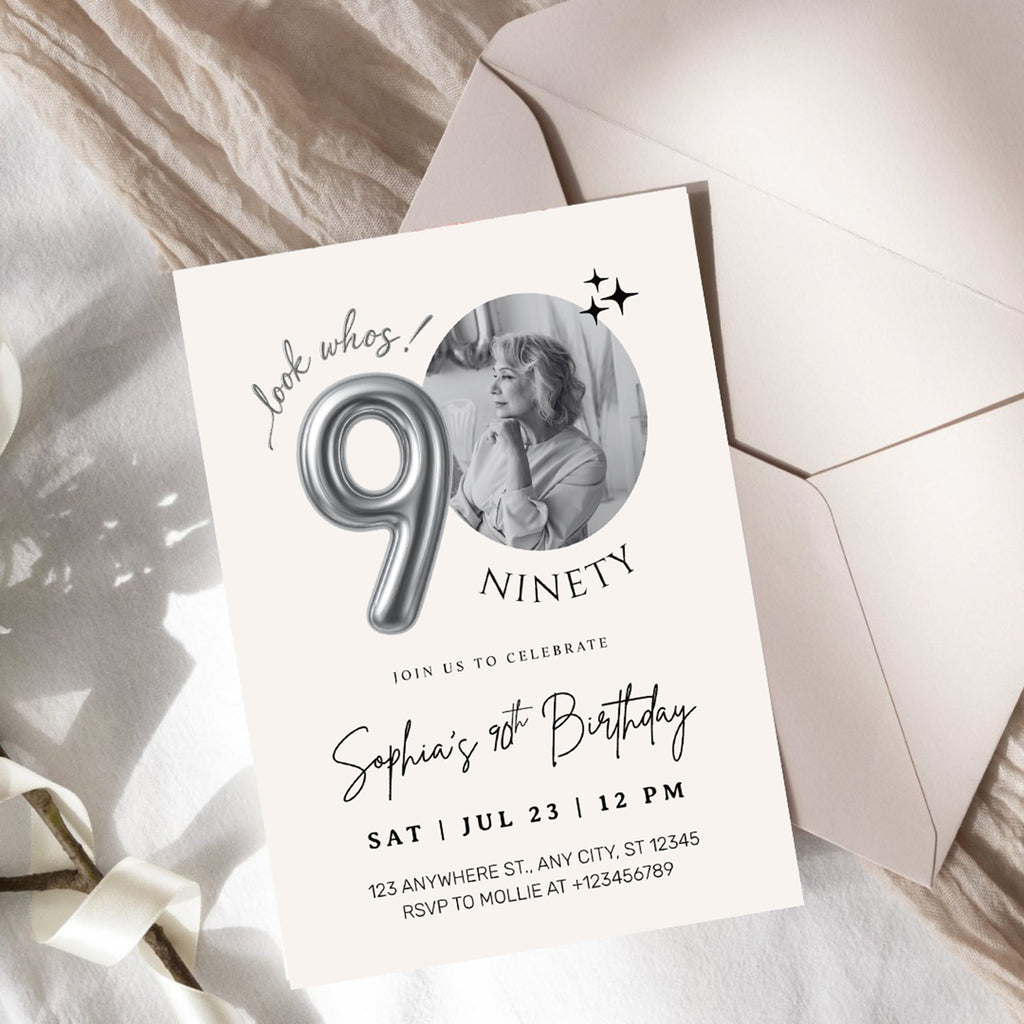 Editable 90th Birthday Photo Invitation Canva Template Silver Balloon Minimalist Party Invite Instant Download