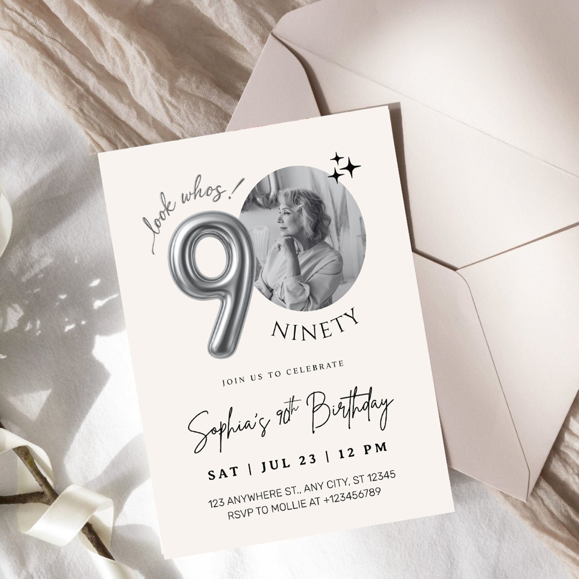 Editable 90th Birthday Photo Invitation Canva Template Silver Balloon Minimalist Party Invite Instant Download