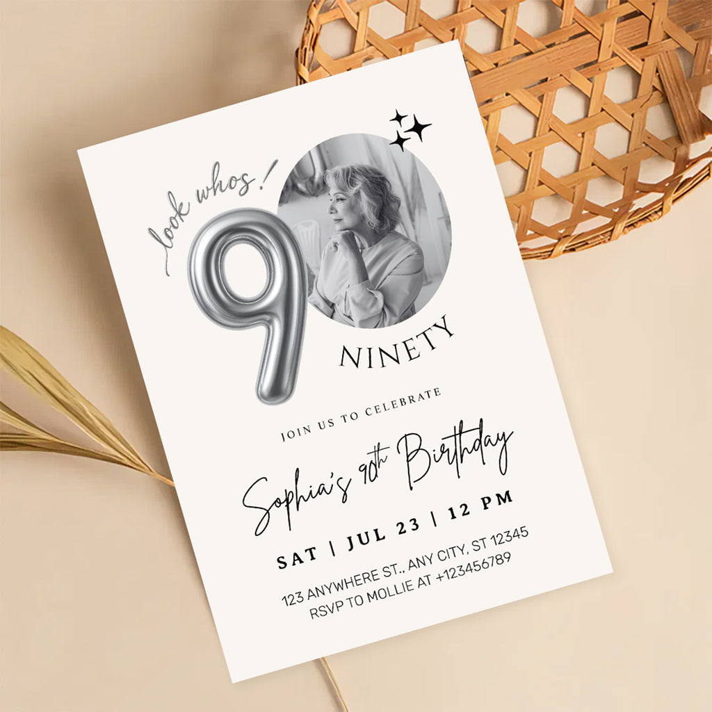 Editable 90th Birthday Photo Invitation Canva Template Silver Balloon Minimalist Party Invite Instant Download