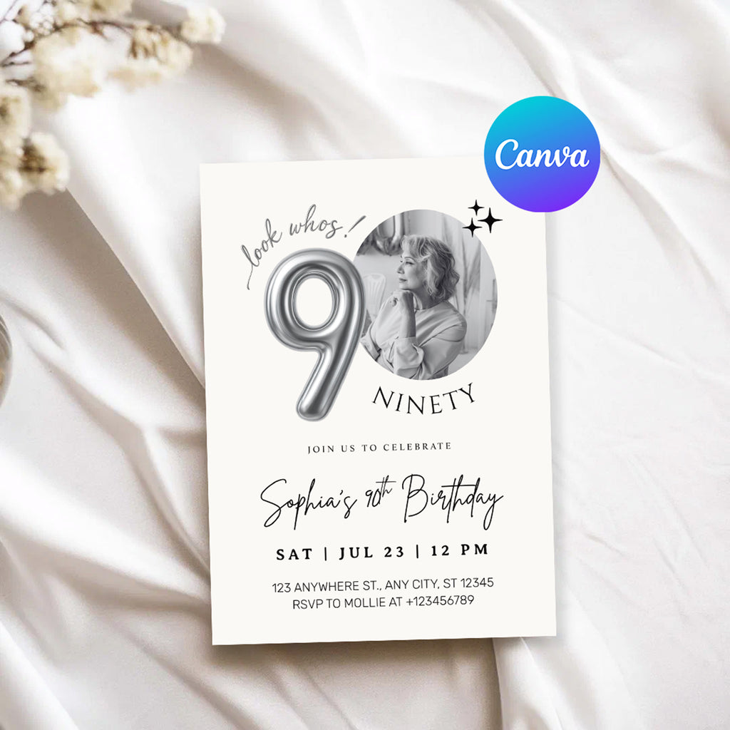 Editable 90th Birthday Photo Invitation Canva Template Silver Balloon Minimalist Party Invite Instant Download