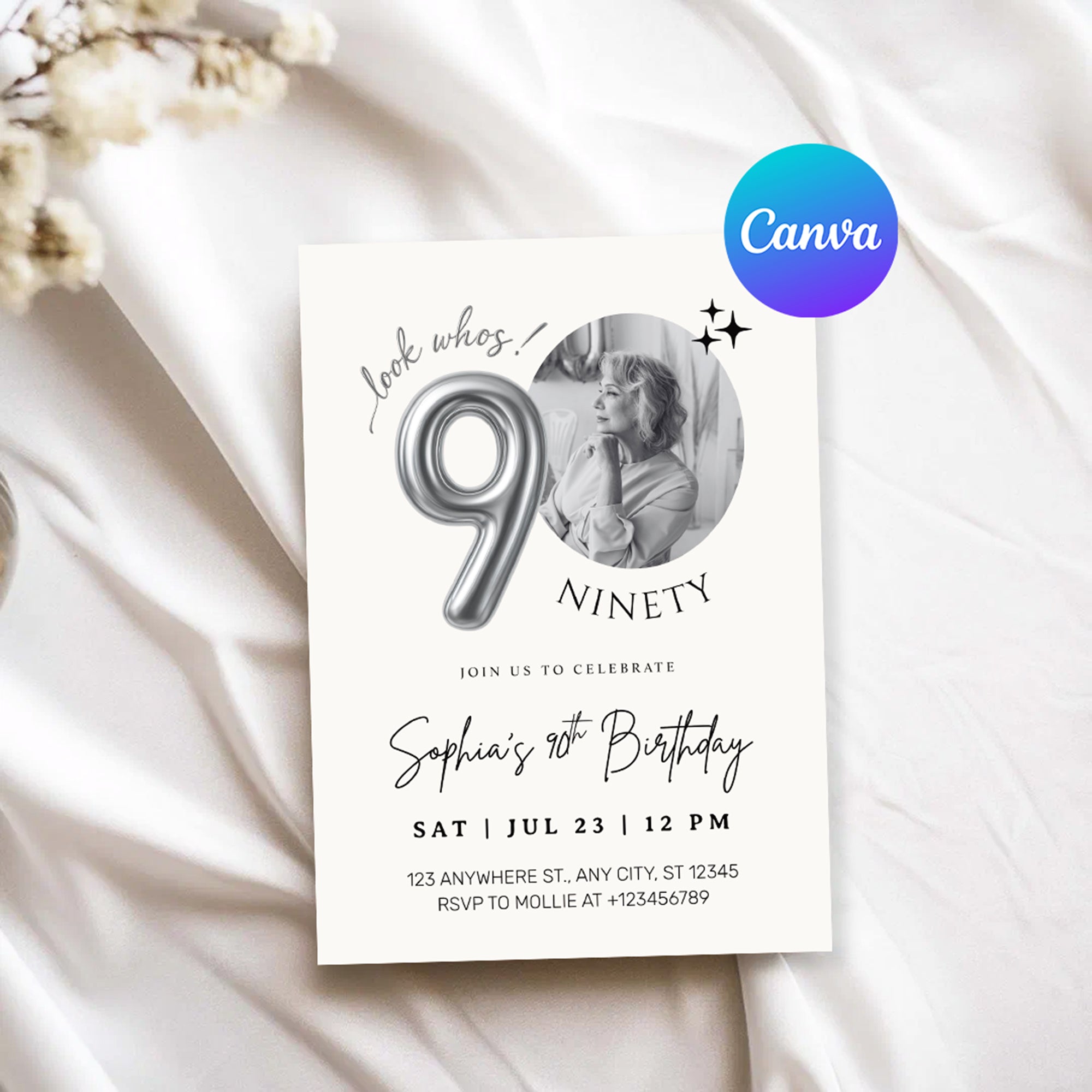 Editable 90th Birthday Photo Invitation Canva Template Silver Balloon Minimalist Party Invite Instant Download