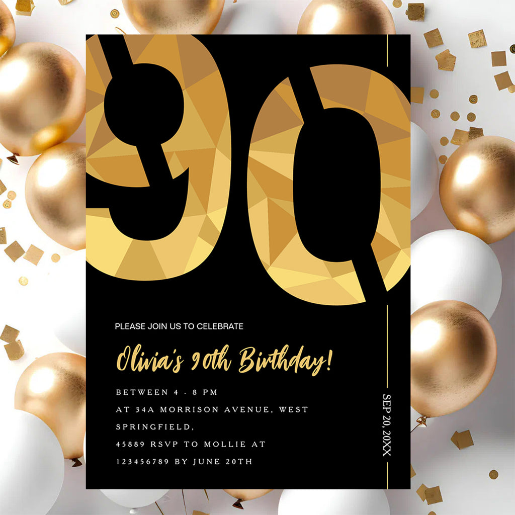 Elegant Black & Gold 90th Birthday Invitation Template | Editable Birthday Party Invite | Instant Download Canva