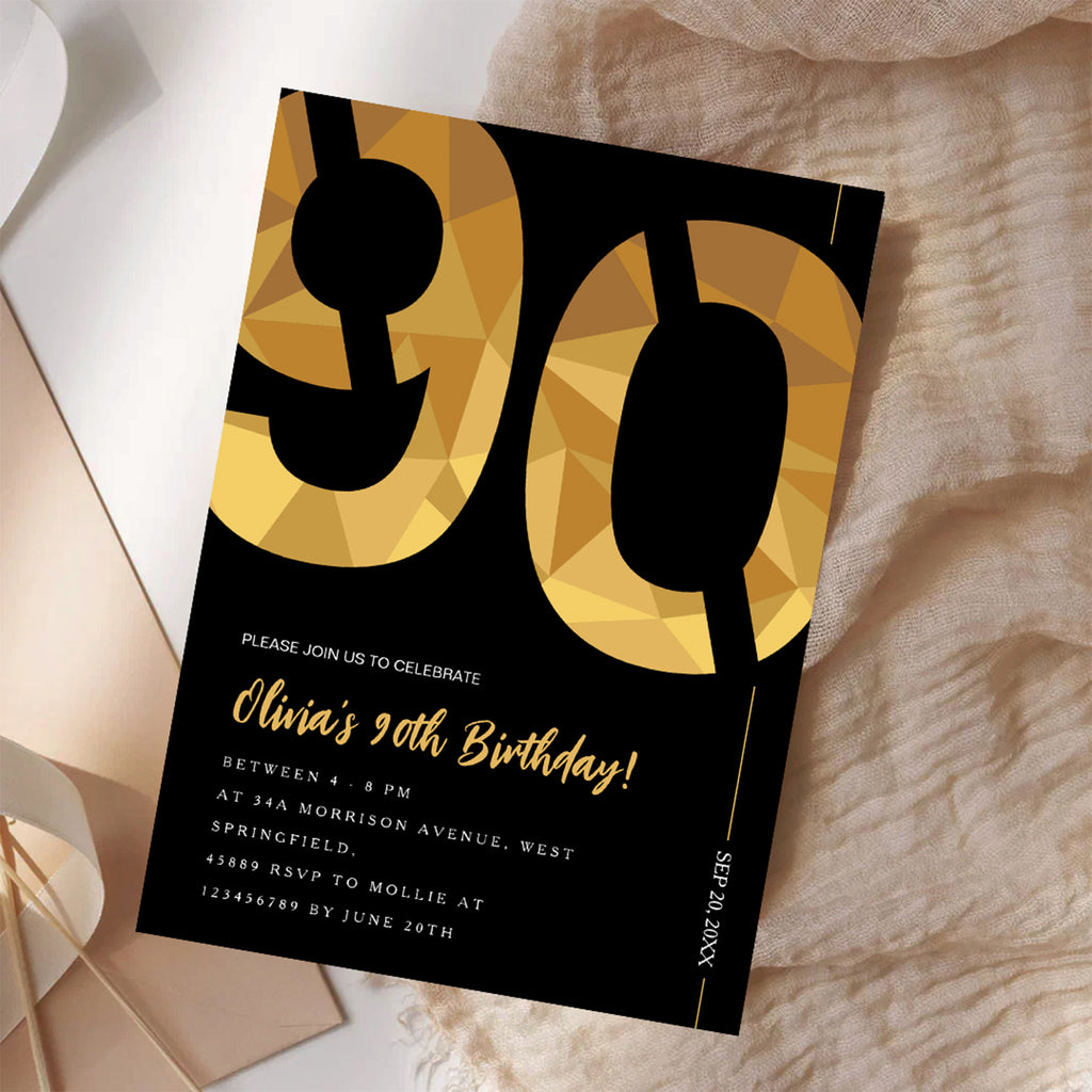 Elegant Black & Gold 90th Birthday Invitation Template | Editable Birthday Party Invite | Instant Download Canva