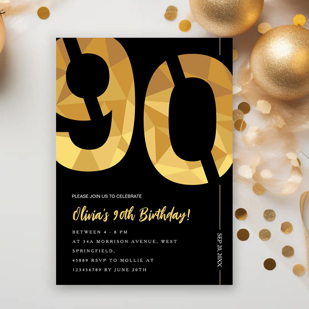 Elegant Black & Gold 90th Birthday Invitation Template | Editable Birthday Party Invite | Instant Download Canva