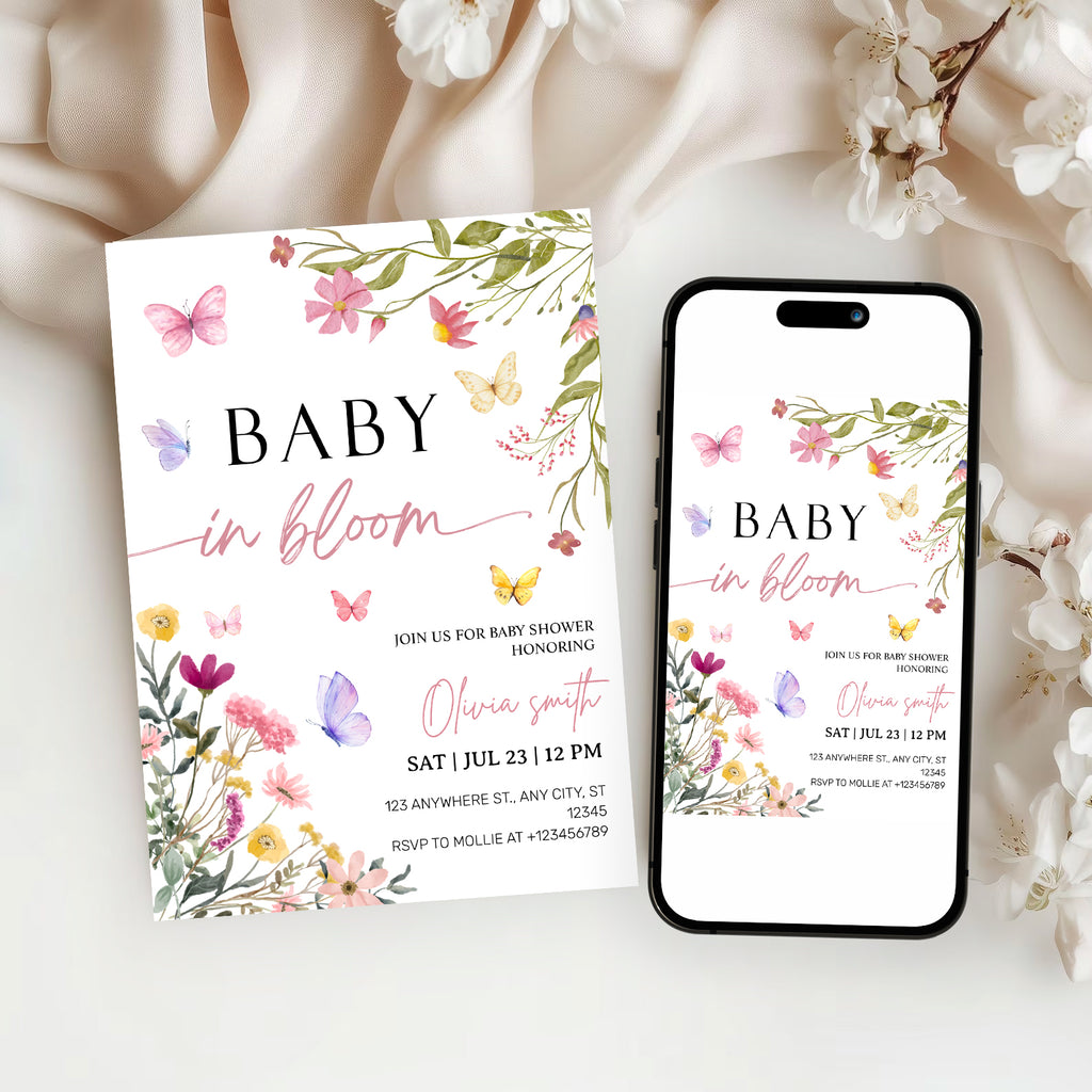 Baby in Bloom Wildflower Baby Shower Invitation Template | Editable Floral Garden Baby Shower Invite | Printable Boho Spring Baby Shower