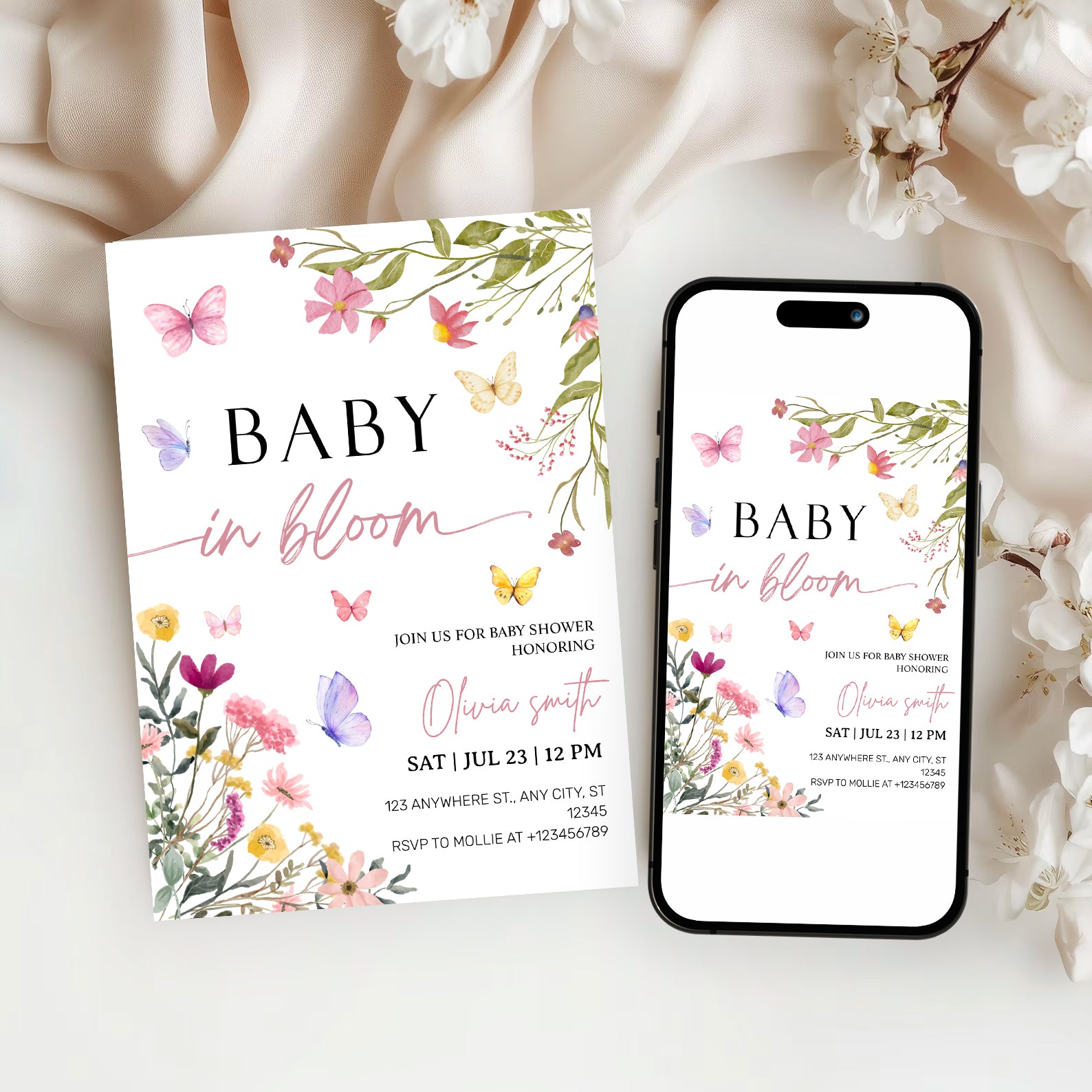 Baby in Bloom Wildflower Baby Shower Invitation Template | Editable Floral Garden Baby Shower Invite | Printable Boho Spring Baby Shower