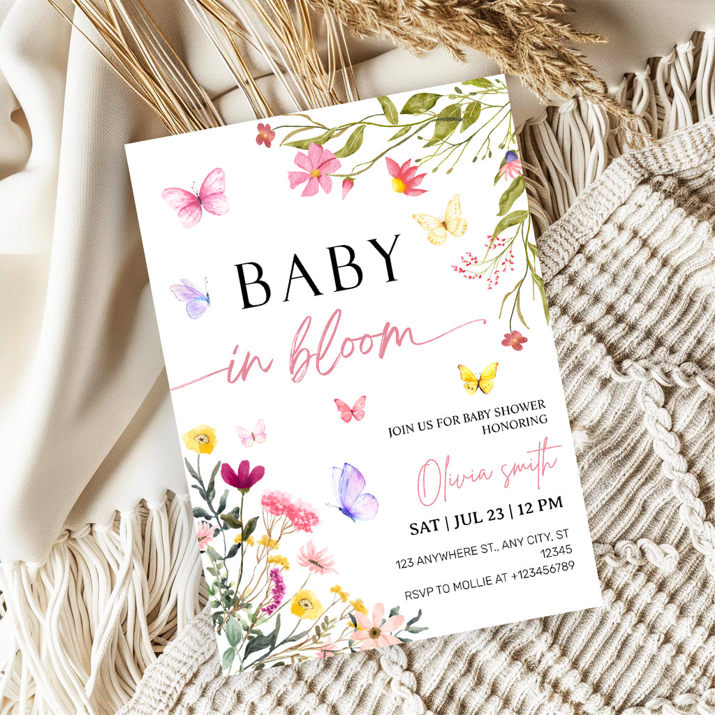 Baby in Bloom Wildflower Baby Shower Invitation Template | Editable Floral Garden Baby Shower Invite | Printable Boho Spring Baby Shower