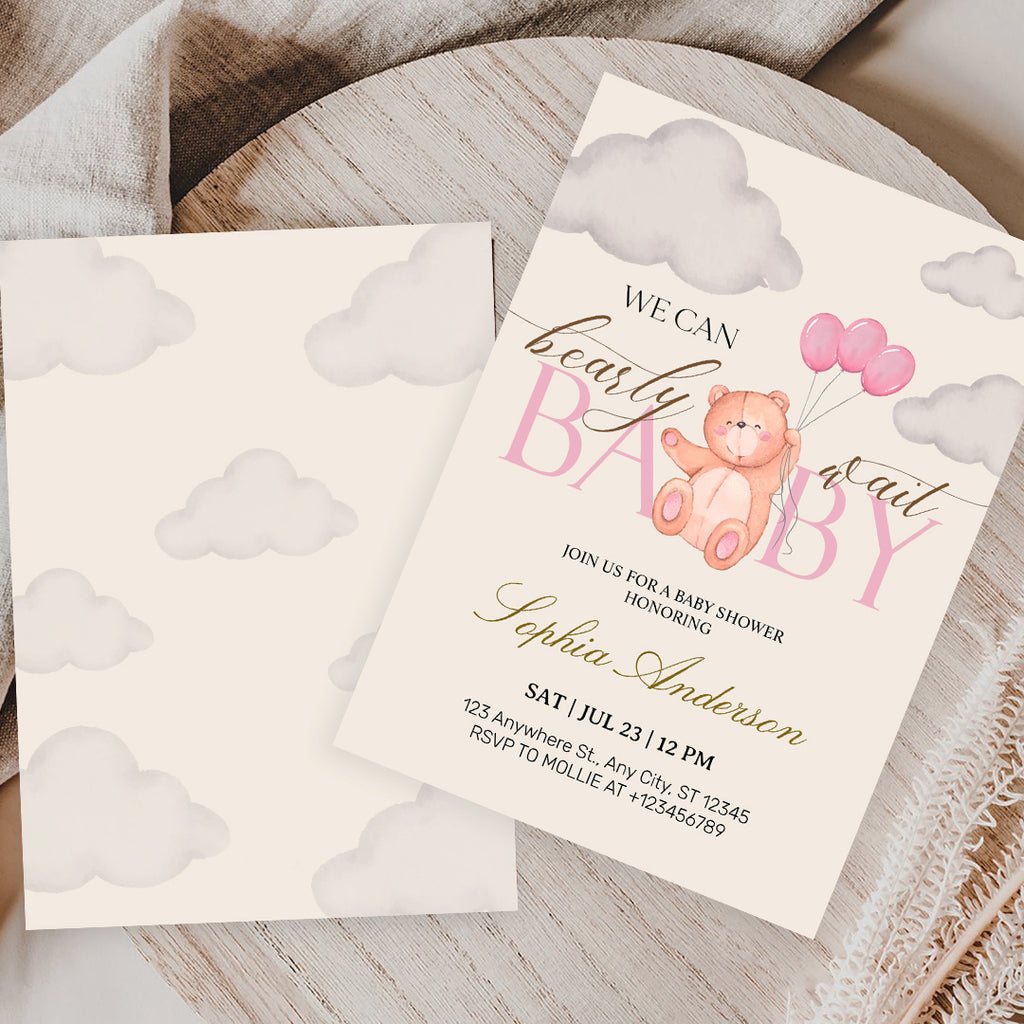 We Can Bearly Wait Pink Teddy Bear Baby Shower Invitation – Editable Canva Template