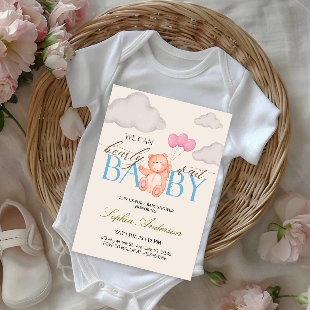 We Can Bearly Wait Pink & Blue Teddy Bear Baby Shower Invitation – Editable Canva Template
