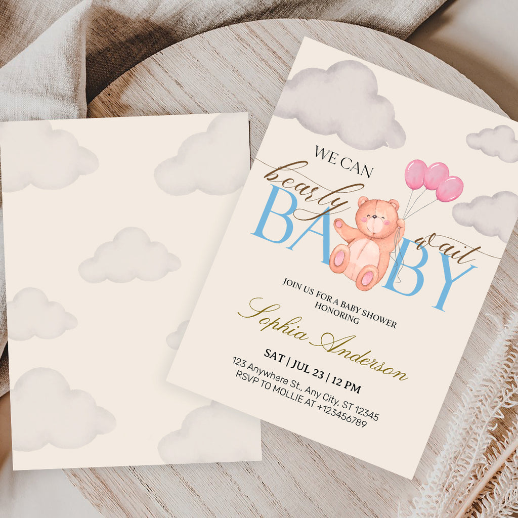 We Can Bearly Wait Pink & Blue Teddy Bear Baby Shower Invitation – Editable Canva Template