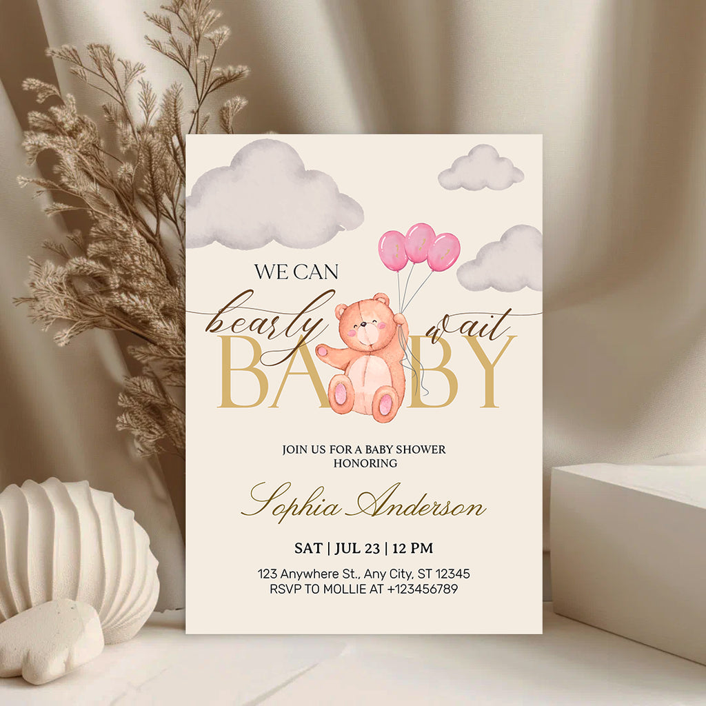 We Can Bearly Wait Pink & Gold Teddy Bear Baby Shower Invitation – Editable Canva Template
