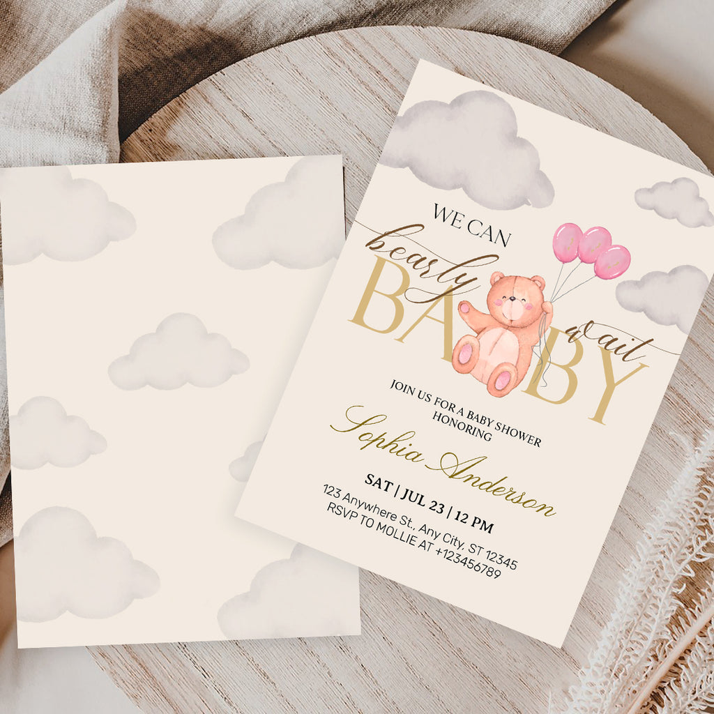 We Can Bearly Wait Pink & Gold Teddy Bear Baby Shower Invitation – Editable Canva Template