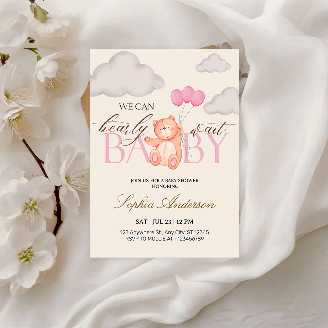 We Can Bearly Wait Pink Teddy Bear Baby Shower Invitation – Editable Canva Template