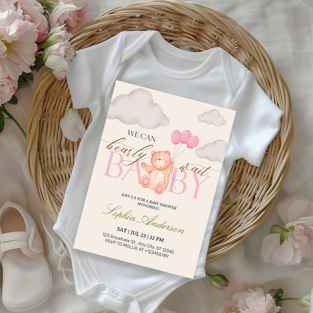 We Can Bearly Wait Pink Teddy Bear Baby Shower Invitation – Editable Canva Template