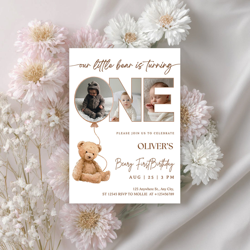 Editable Beary First Birthday Photo Invitation | Teddy Bear 1st Birthday Canva Template – Instant Download