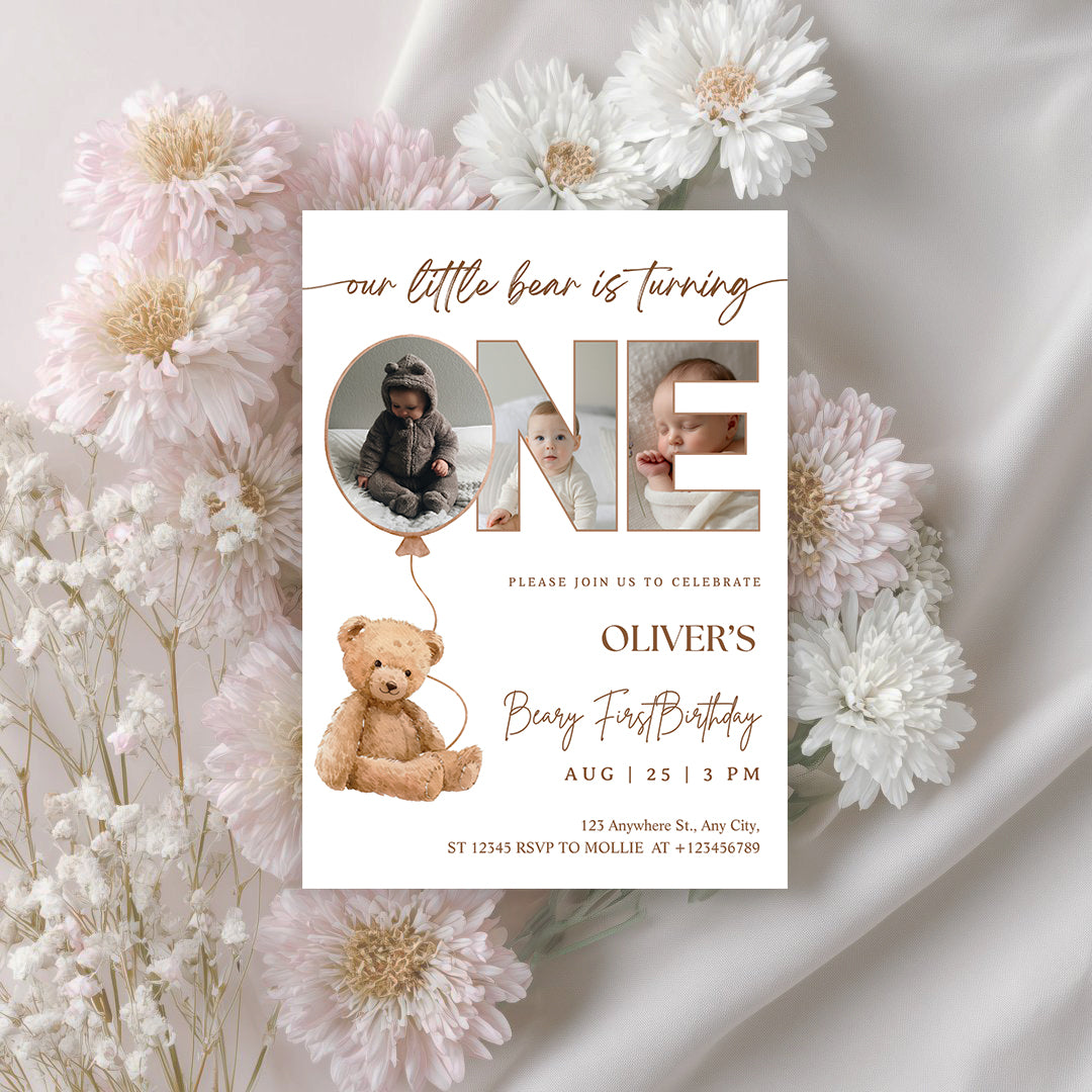 Editable Beary First Birthday Photo Invitation | Teddy Bear 1st Birthday Canva Template – Instant Download