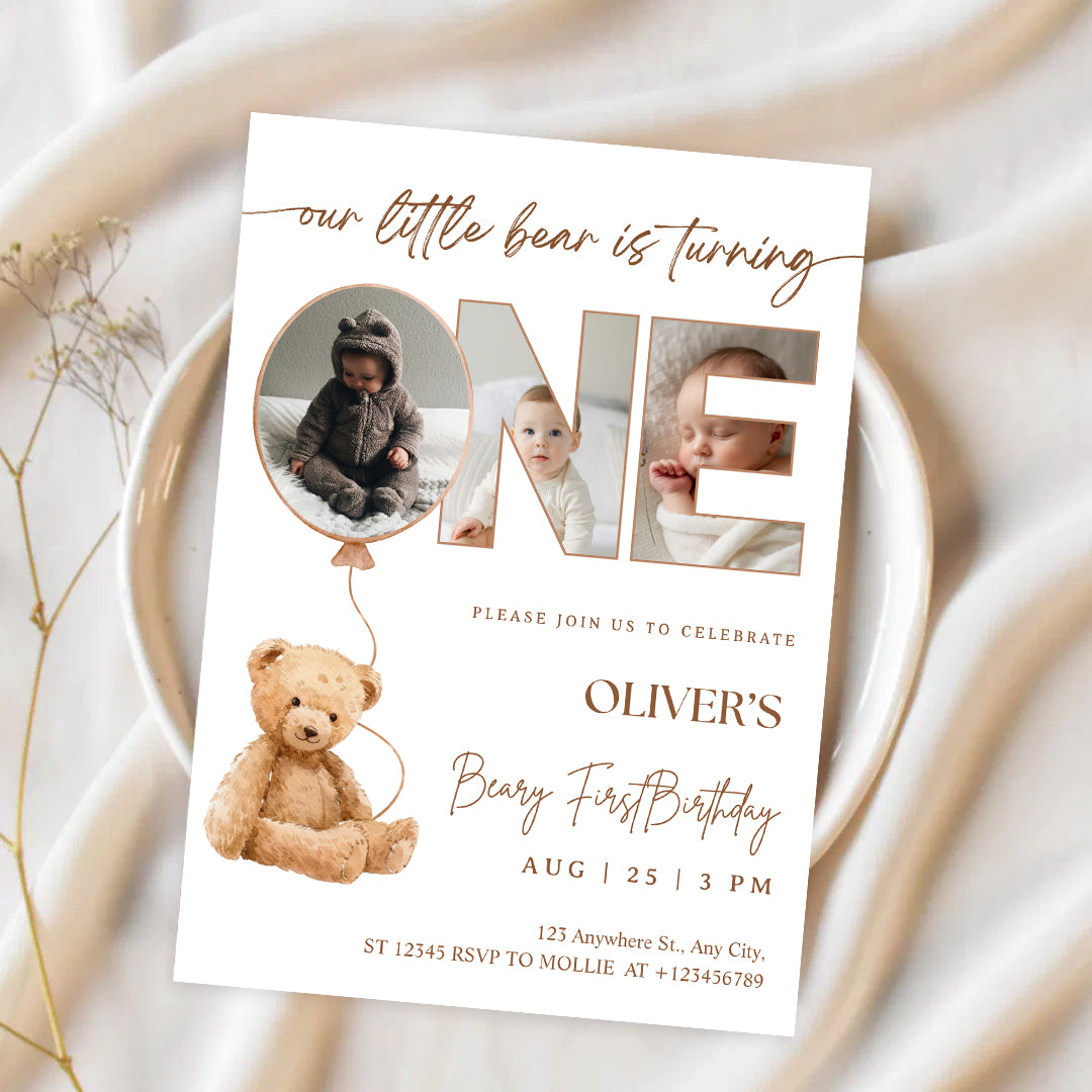 Editable Beary First Birthday Photo Invitation | Teddy Bear 1st Birthday Canva Template – Instant Download