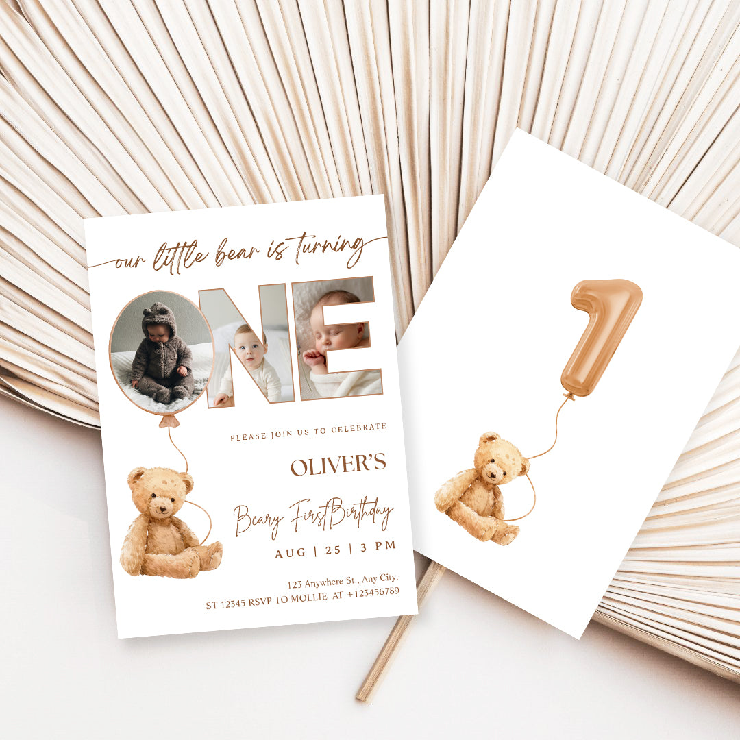 Editable Beary First Birthday Photo Invitation | Teddy Bear 1st Birthday Canva Template – Instant Download