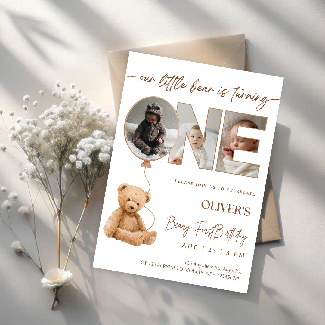 Editable Beary First Birthday Photo Invitation | Teddy Bear 1st Birthday Canva Template – Instant Download