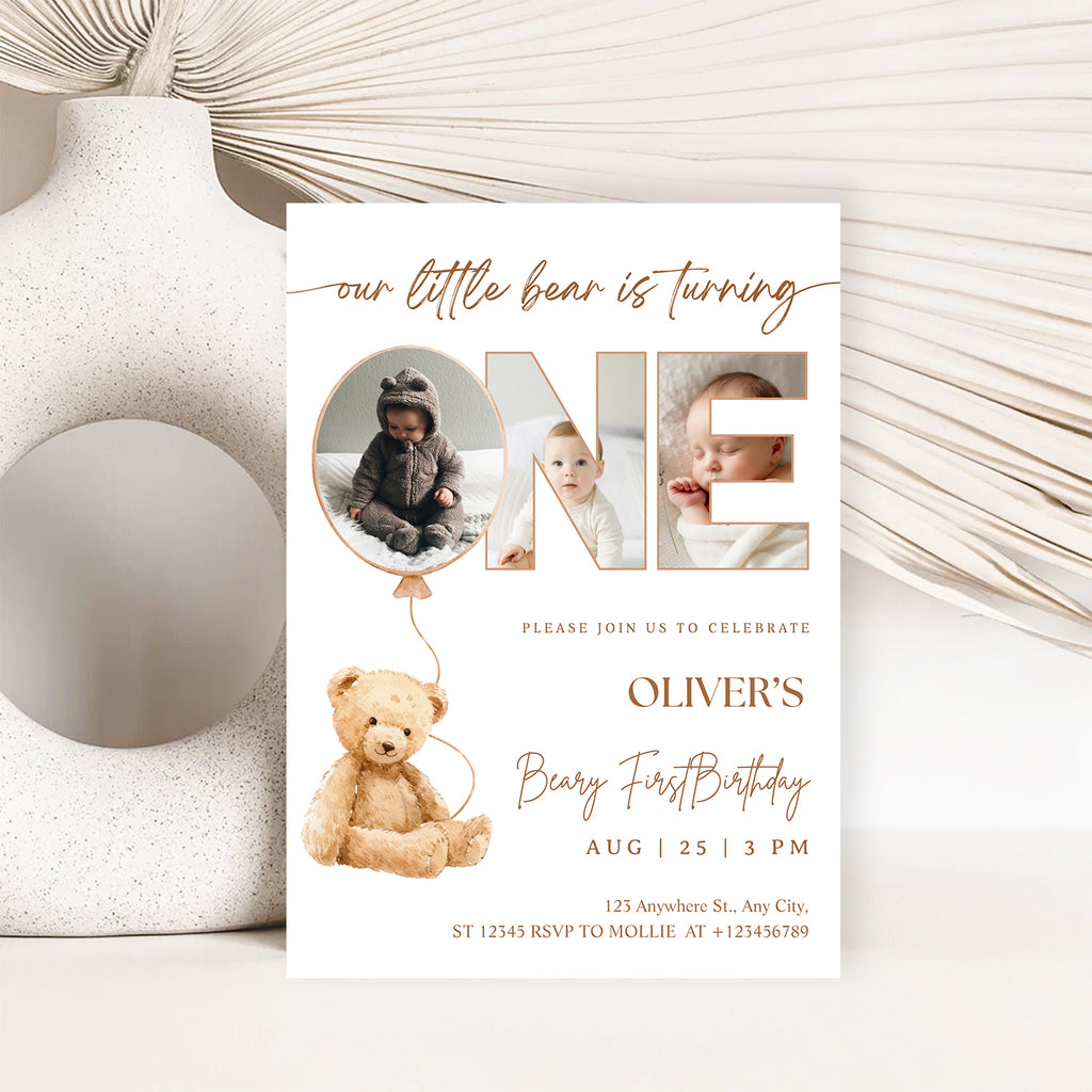 Editable Beary First Birthday Photo Invitation | Teddy Bear 1st Birthday Canva Template – Instant Download
