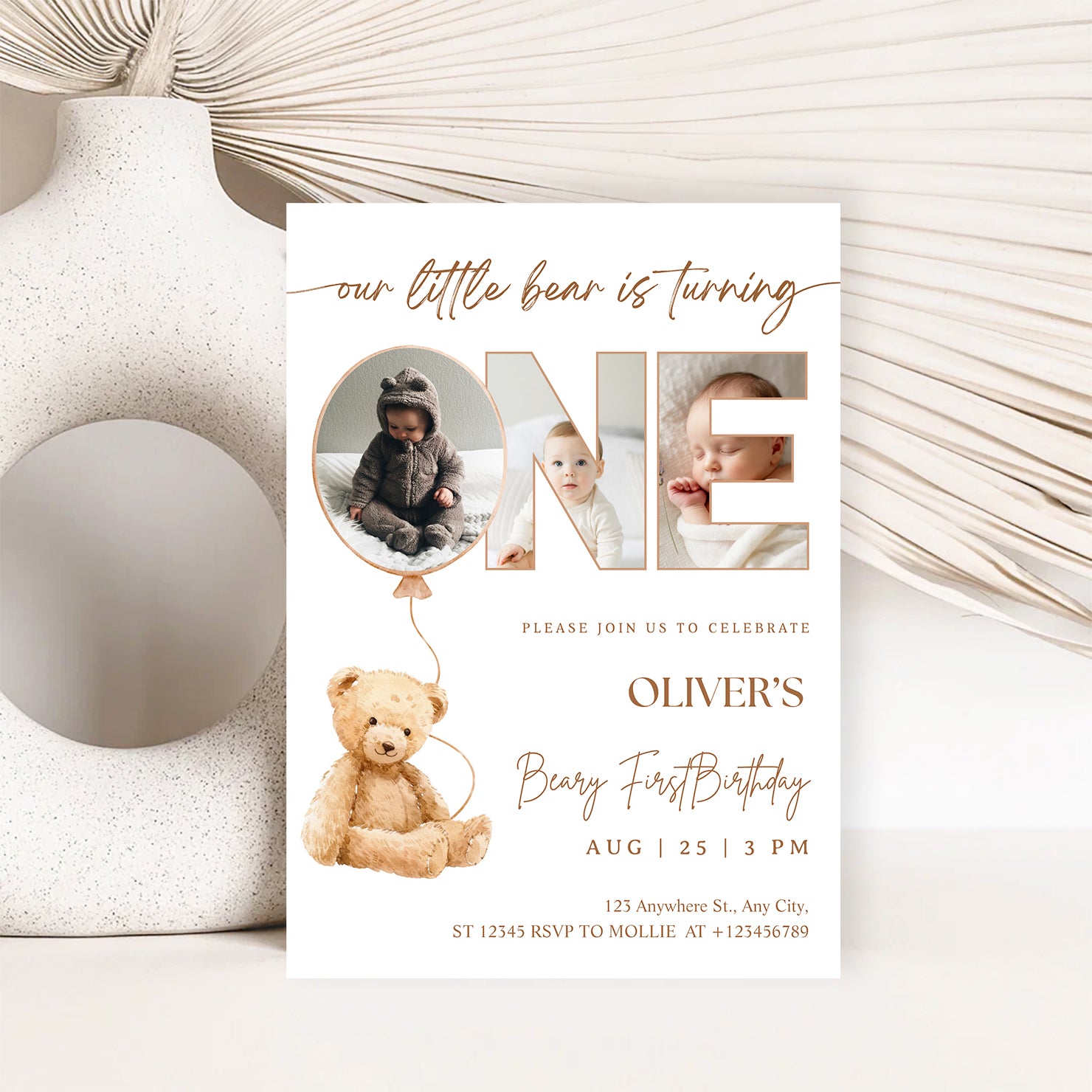 Editable Beary First Birthday Photo Invitation | Teddy Bear 1st Birthday Canva Template – Instant Download