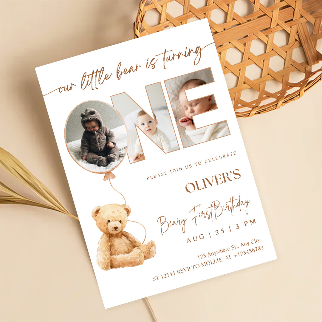 Editable Beary First Birthday Photo Invitation | Teddy Bear 1st Birthday Canva Template – Instant Download