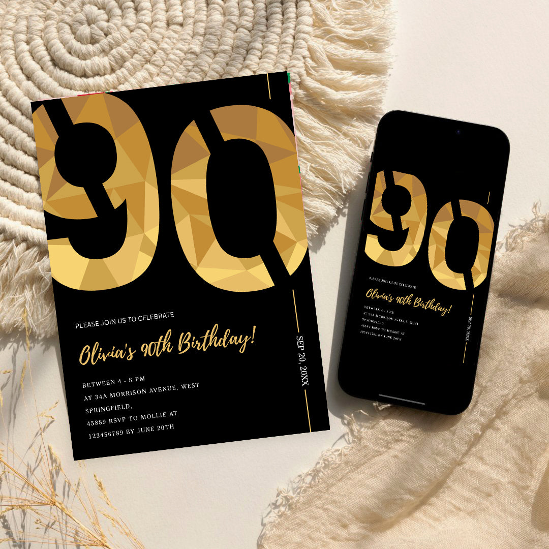Elegant Black & Gold 90th Birthday Invitation Template | Editable Birthday Party Invite | Instant Download Canva