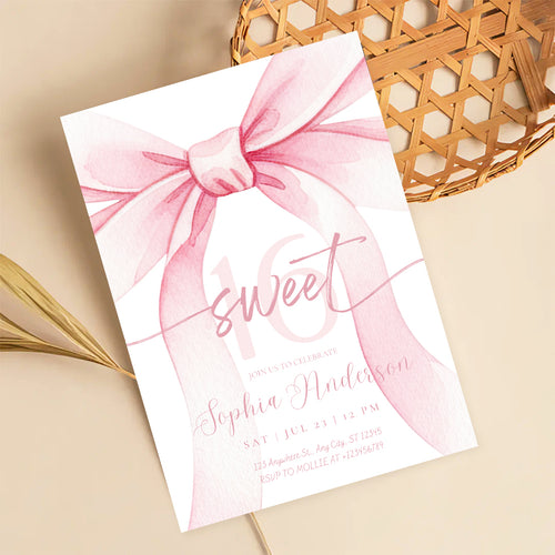 Blush Pink Bow Sweet 16 Invitation Template | Editable 16th Birthday Party Invite | Canva Instant Download