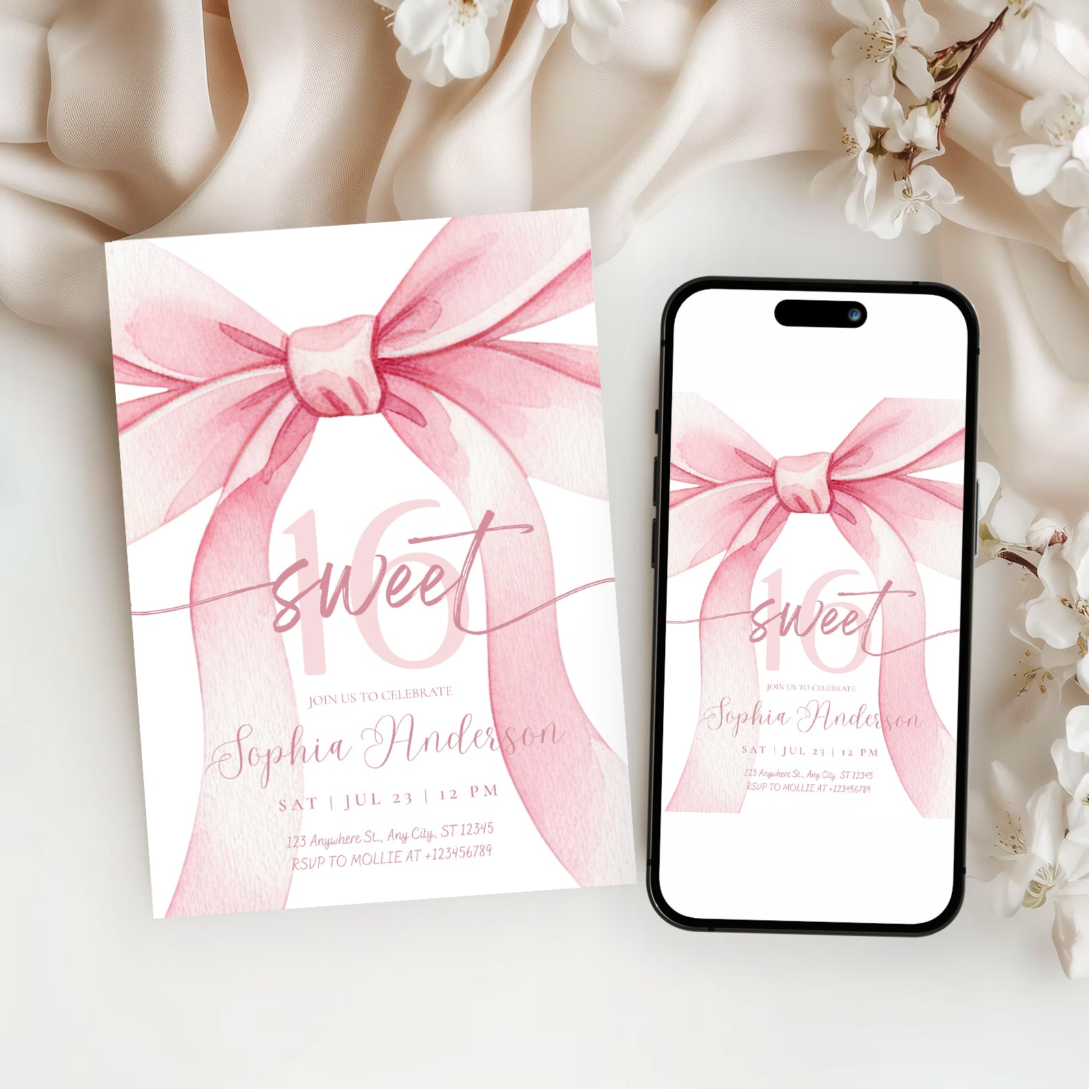 Blush Pink Bow Sweet 16 Invitation Template | Editable 16th Birthday Party Invite | Canva Instant Download